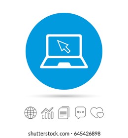 Laptop sign icon. Notebook pc with cursor pointer symbol. Copy files, chat speech bubble and chart web icons. Vector