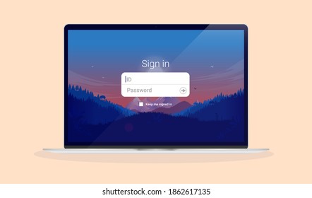 Laptop sign in screen - Brand new unbranded computer with welcome screen ready to be signing in with username and password. Vector illustration.