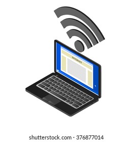 The laptop and sign Wi-Fi in isometric. A computer with access to the Internet. Realistic image. Vector illustration. Isolated on white.