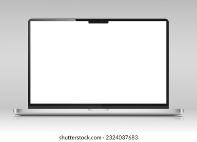 A laptop with a silver case and a white screen on a gray gradient background. Realistic laptop layout with reflection. Vector illustration.