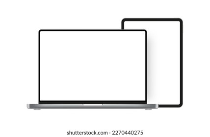 Laptop Silver Mockup With Tablet, Blank Screens, Isolated on White Background. Vector Illustration