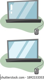 Laptop simple flat style vector icons. Minimalistic style illustration with computer, cord, mouse on a work space desk. Distance learning, work, gaming. 