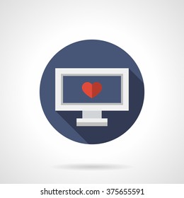 Laptop with single red heart on display. Blind date. Distance relationship. Blue round vector icon, long shadow. Element for web design, business, mobile app.