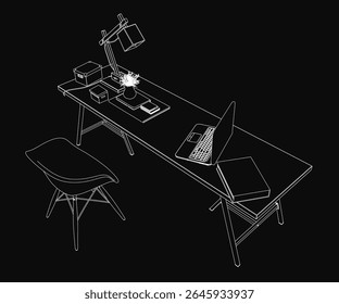 A laptop sits on a dark wooden desk beside an open book, a glowing lamp, and a small flower vase, creating a mysterious workspace. A chair waits nearby in the shadowy background, emphasizing a quiet