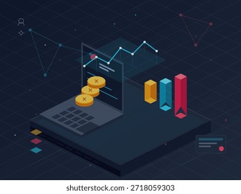 Una computadora portátil se sienta en una superficie plana con una pantalla que muestra gráficos financieros y monedas digitales. Las líneas y Formas indican las tendencias de los datos en un entorno de análisis financiero.