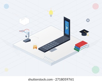 Ein Laptop sitzt auf einer flachen Oberfläche mit Büchern in der Nähe. Wissenschaftswerkzeuge und eine Abschlusskappe symbolisieren das Lernen. Ideen verbreiten sich und zeigen eine kreative Lernumgebung zu Hause.