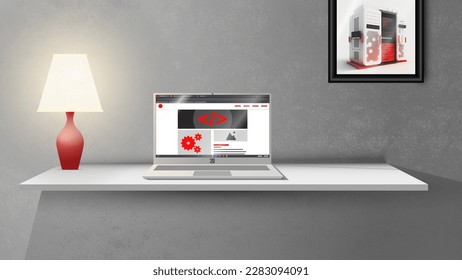 Laptop sitting on white floating desk with website development content on the screen.