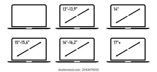 Laptop size icons set. Popular sizes of laptop displays. mass category of laptops, mass category of laptops, Lapdesk. Stock Vector 