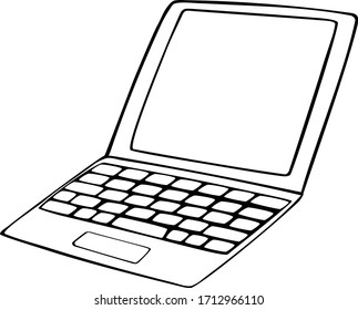 Laptop sketch, computer monitor isolated on white background. Cute vector stock illustration of laptop in doodle style for children's coloring, sticker packs, for viewing master classes and programs.
