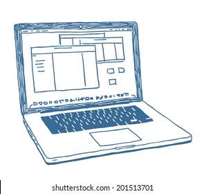 Laptop Sketch Drawing Isolated On White Background