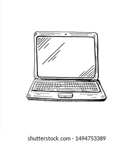 Laptop sketch. Hand drawn sketch style computer. Vector illustration, isolated on white background.