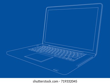 Laptop sketch. Vector rendering of 3d. Wire-frame style. The layers of visible and invisible lines are separated