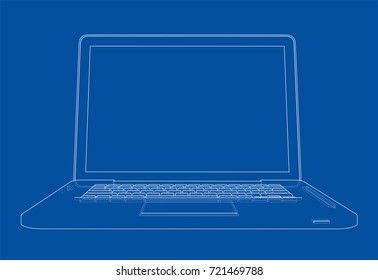Laptop sketch. Vector rendering of 3d. Wire-frame style. The layers of visible and invisible lines are separated