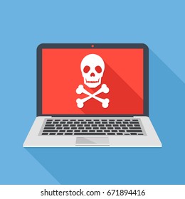 Laptop with skull and crossbones. Notebook and skull icon. Virus attack, ransomware, malicious software, hacker attack, spyware concepts. Long shadow design. Modern flat design vector illustration