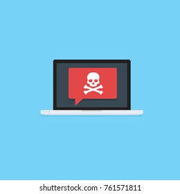 Laptop with skull and crossbones notification. Virus attack, malicious software, hacker attack, black mail illustration