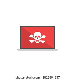 Laptop with skull and crossbones on the screen. Concept of virus, piracy, hacking and security. Flat vector illustration.