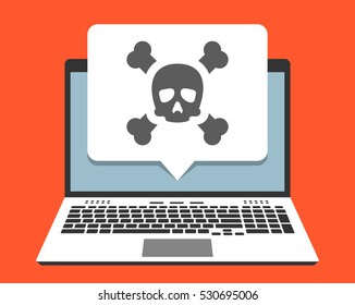 Laptop and skull icon on screen in pop-up bubble. Vector illustration in flat design style