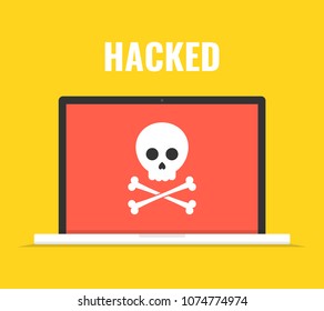 Laptop with skull on the screen. Concept of virus, piracy, hacking and security. Vector illustration.