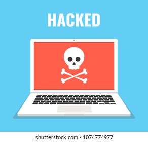 Laptop with skull on the screen. Concept of virus, piracy, hacking and security. Vector illustration.