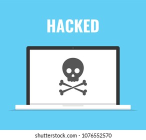 Laptop with skull on the screen. Concept of virus, piracy, hacking and security. Vector illustration.