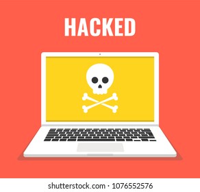 Laptop with skull on the screen. Concept of virus, piracy, hacking and security. Vector illustration.