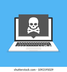 Laptop with skull on the screen. Concept of virus, piracy, hacking and security. Vector illustration.