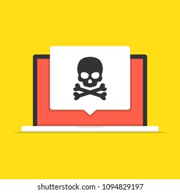 Laptop with skull on the screen. Concept of virus, piracy, hacking and security. Vector illustration.