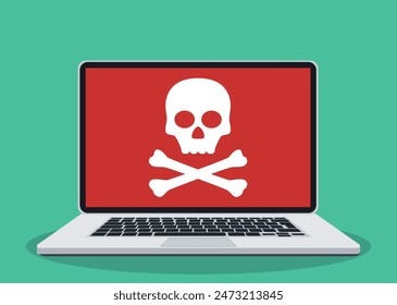 Laptop with skull on the screen. Concept of virus, piracy, hacking and security. vector illustration in flat design