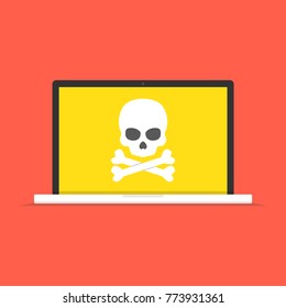 Laptop with skull on the screen. Concept of virus, piracy, hacking and security. Vector illustration.