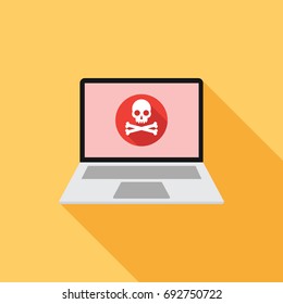 Laptop with skull on the screen. Virus, hacking and security concept.