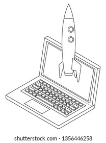 laptop and skyrocket black and white