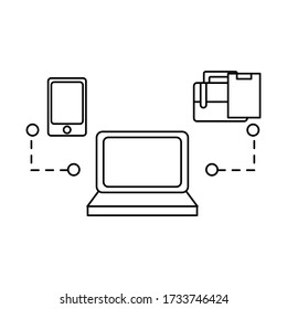 laptop smartphone with bag office and noted outline design