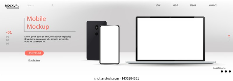 Laptop and smartphone with blank screen. Vector template web page. 3D realistic mockups. View directly from gadgets and web page interface. 3D realistic devices. Vector