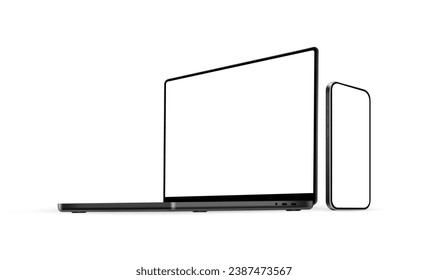 Laptop And Smartphone With Blank Screens, Side Perspective View, Isolated on White Background. Vector Illustration