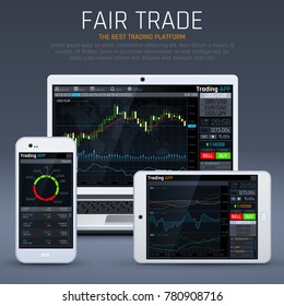 Laptop and smartphone with business market app. Financial charts and exchange currency vector concept. Illustration of business data chart exchange, financial stock on laptop