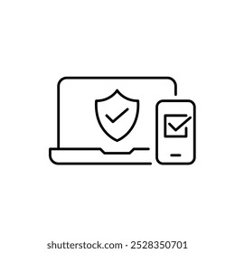 Portátil y smartphone con marcas de verificación. Sincronización perfecta entre dispositivos. Conexiones seguras y confirmadas entre plataformas. Icono de Vector perfecto de píxeles
