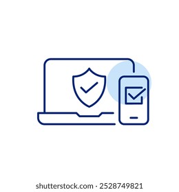 Laptop and smartphone with checkmarks. Seamless synchronization across devices. Secure and confirmed connections between platforms. Pixel perfect, editable stroke icon