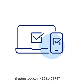 Laptop and smartphone with checkmarks. Seamless synchronization across devices. Secure and confirmed connections between platforms. Pixel perfect vector icon