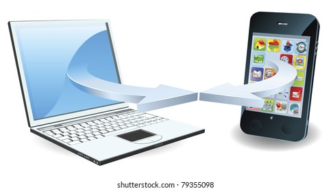 Laptop and smartphone communicating via wireless technology concept