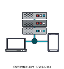 Laptop and smartphone connected to database servers vector illustration graphic design