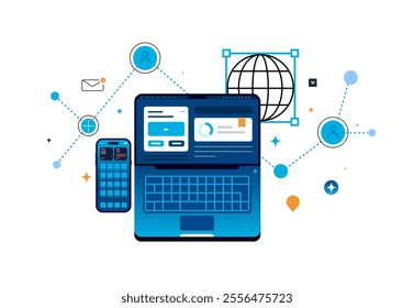 Laptop, smartphone and digital networking. Social networking and data transfer. Modern flat illustration.