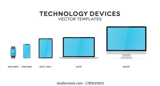 Portátil, smartphone, tablet digital, PC de escritorio, maquetas inteligentes con fondo blanco. Plantillas vectoriales de dispositivos tecnológicos.