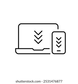 Laptop und Smartphone mit Download-Pfeilen. Plattformübergreifende Konnektivität. Nahtlose Datenübertragung. Integration von Cloud-basierten Uploads über mehrere Geräte hinweg. Pixel perfektes Vektorsymbol