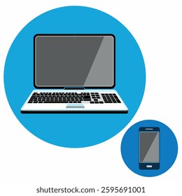 Laptop and Smartphone Flat Style Digital Illustration. Modern Technology Devices Laptop and Mobile Phone Icon. Clean and simple graphic of a laptop and smartphone in a blue circular background.