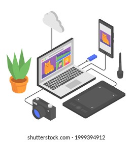 Laptop smartphone graphic tablet camera flash drive cloud flower. Composition in isometric. Vector Illustration