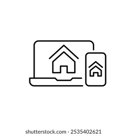 Laptop and smartphone with home icons on them. Synchronized unified access to your digital home across devices. Pixel perfect, editable stroke icon