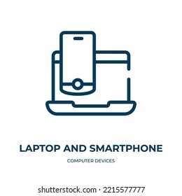 Icono de portátil y smartphone. Ilustración vectorial lineal de la colección de dispositivos informáticos. Esbozar el vector de iconos de la laptop y el smartphone. Símbolo de línea delgada para uso en aplicaciones web y móviles, logotipo, medios impresos.
