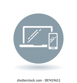 Laptop and smartphone icon. Responsive device display sign. Modern notebook and mobile symbol. White icon on cool grey circle background. Vector illustration.