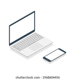 Laptop and smartphone in isometric style. Portable 3d devices. Digital technology concept. Open modern laptop with mobile phone. Vector isolated on white