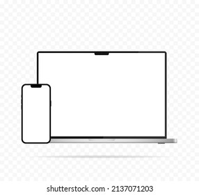 Laptop and smartphone mockup with blank screen isolated on transparent background. Laptop and phone vector template. Realistic mobile phone mockup. Screen device mockup. Digital device cncept EPS 10